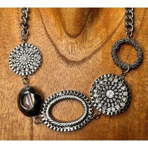 Silver Chunky Rhinestone Abstract Brutalist Butterfly Logo Statement Necklace